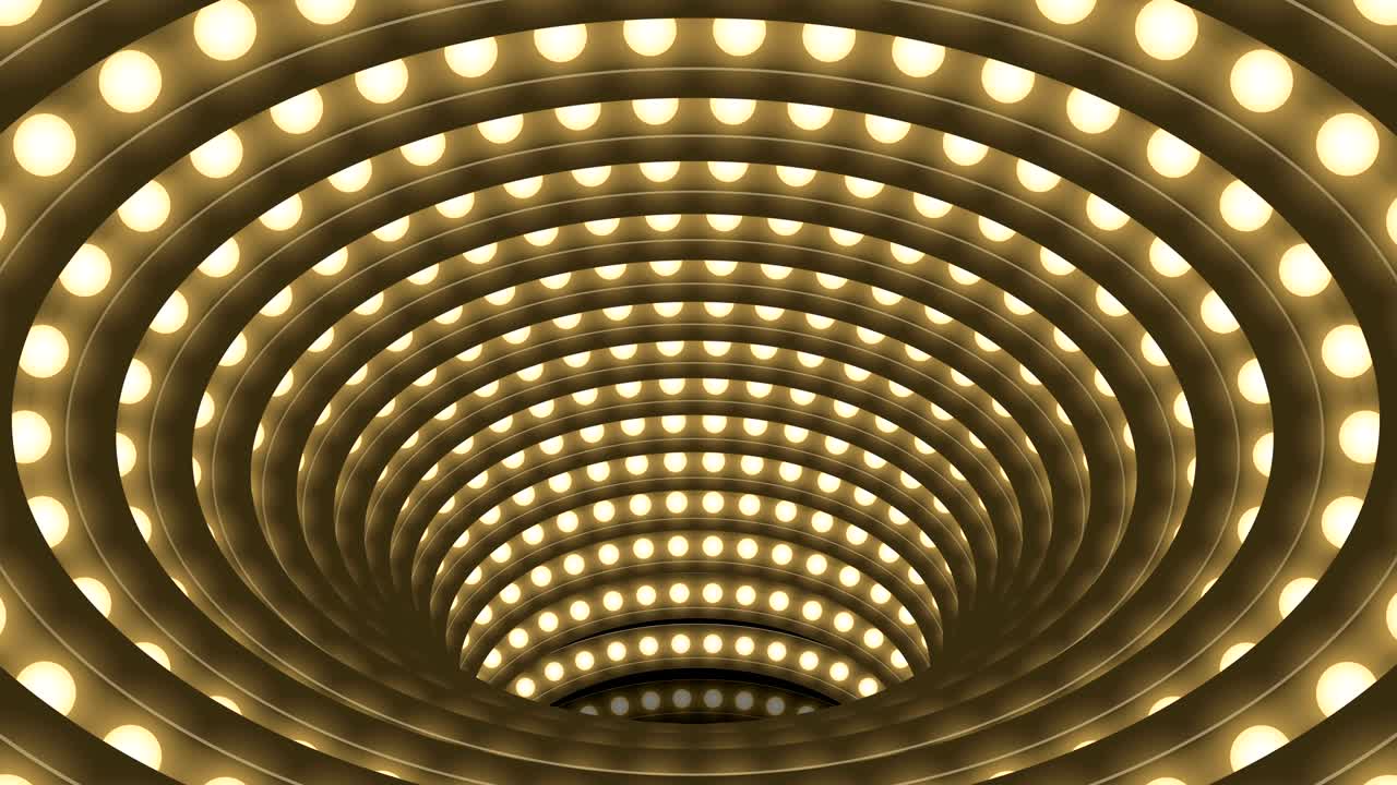 터널 전구 박스 프레임 타원형 모양의 움직이는 패턴, 레트로 3d 가상 스타일 일러스트레이션, 어두운 배경에서 반이는 원활한 루핑 애니메이션 4k, 복사 공간
