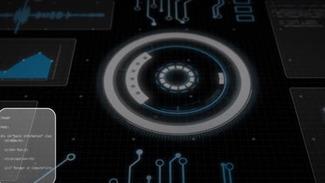 animación del lenguaje informático, gráficos, círculos de carga y globo sobre fondo negro