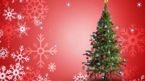 Animation-of-snow-falling-over-christmas-tree-on-red-background