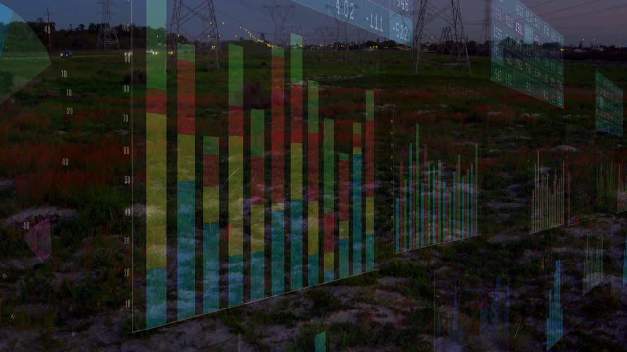 Torri reticolari che sorreggono un grande grafico a barre 3D, pannelli scorrevoli, visualizzazione di dati in griglia