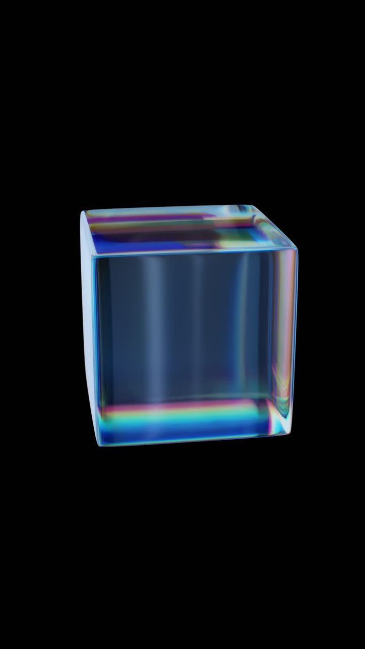 Loop en abstrakt blå glaskube med farverige refleksioner, der er virkelig fængslende og levende