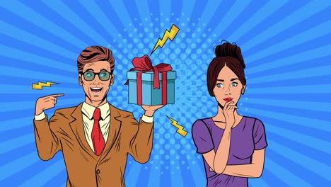 business couple with gift box pop art animation
