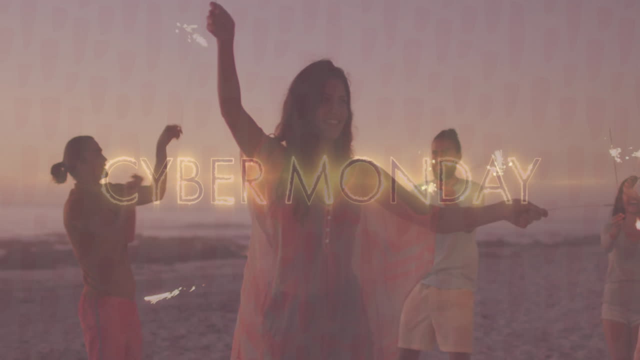 Celebrating Cyber Monday at sunset, people enjoying animation on beach