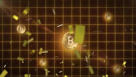 animación de confeti cayendo sobre bitcoins de oro en la red brillante en el fondo