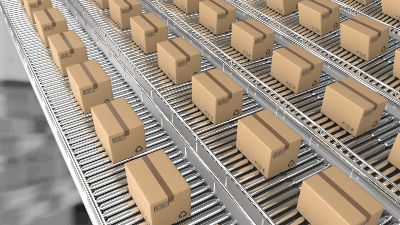 창고 위에서 컨베이어 벨트에 움직이는 카드보드 상자의 애니메이션