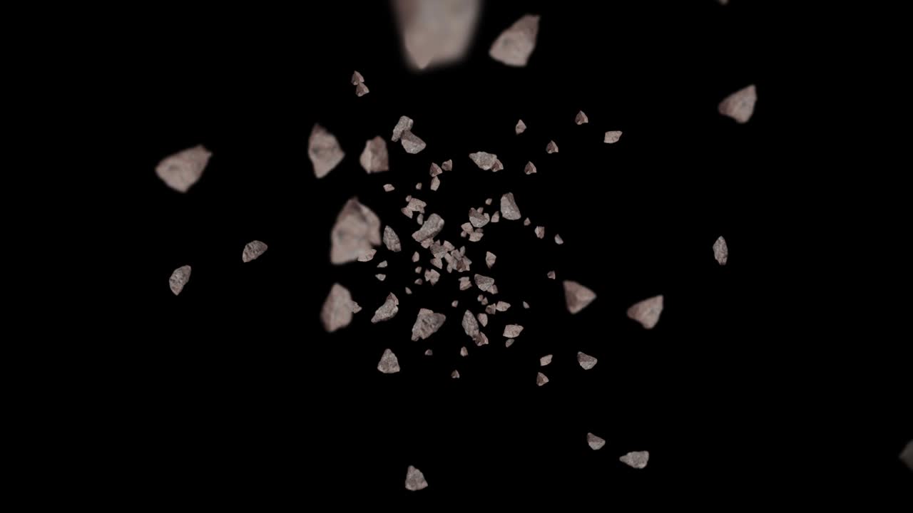 Flying many rock stone on black background. Broken splash explosion. Challenge concept. 3D animation of stone splash rotating. Loop animation.