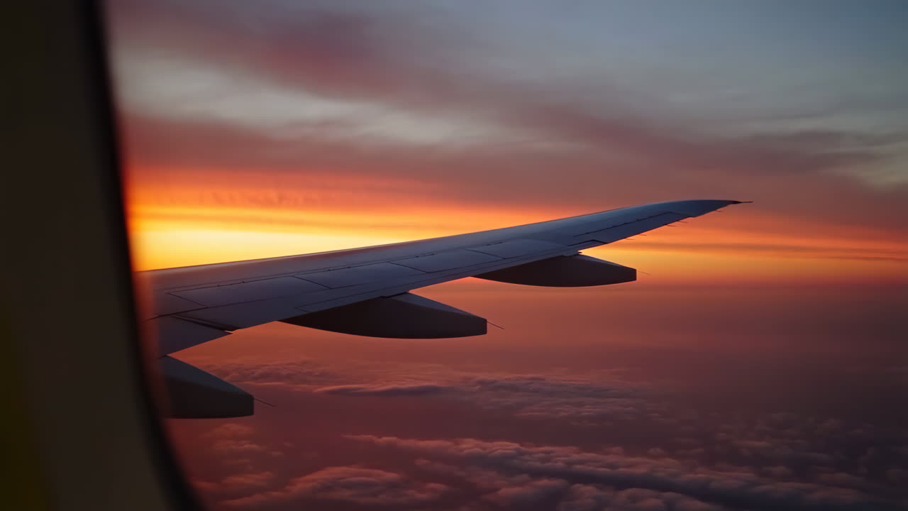 Airplane wing over clouds at sunset