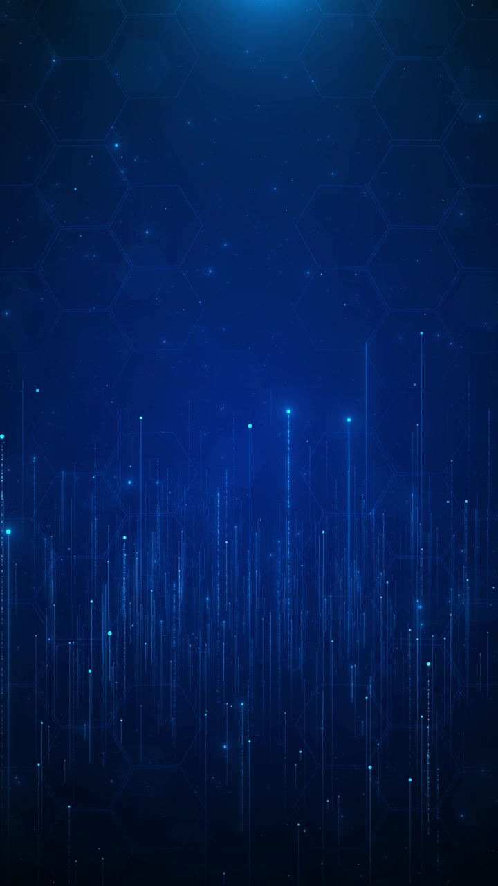 Futuristic blue network data field hexagonal pattern falling light lines glowing digital particles