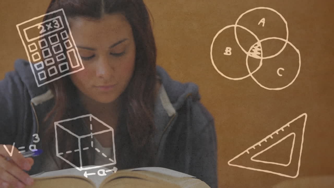 animación de fórmulas matemáticas que caen sobre una alumna caucásica