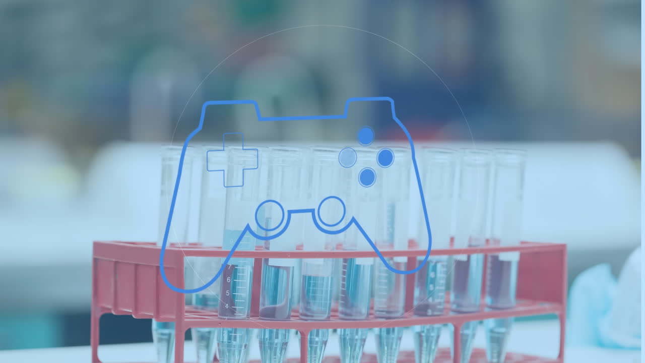실험실에서 테스트 튜브 위에 게임 패드 아이콘의 애니메이션