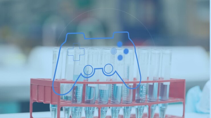 Animation af et gamepad-ikon over reagensglas i et laboratorium