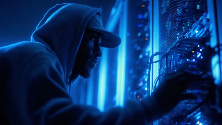 Esplorando il Complesso Mondo delle Reti Dati: Un Tecnico Concentrato Impegnato in Operazioni ad Alto Rischio con Rack di Server e Cavi in un Ambiente Scarsamente Illuminato.