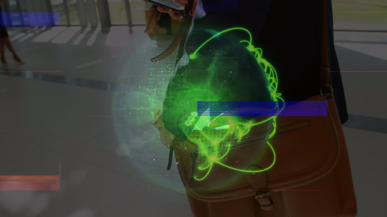 animación de la red de conexiones y el mundo sobre la mujer caucásica usando un teléfono inteligente