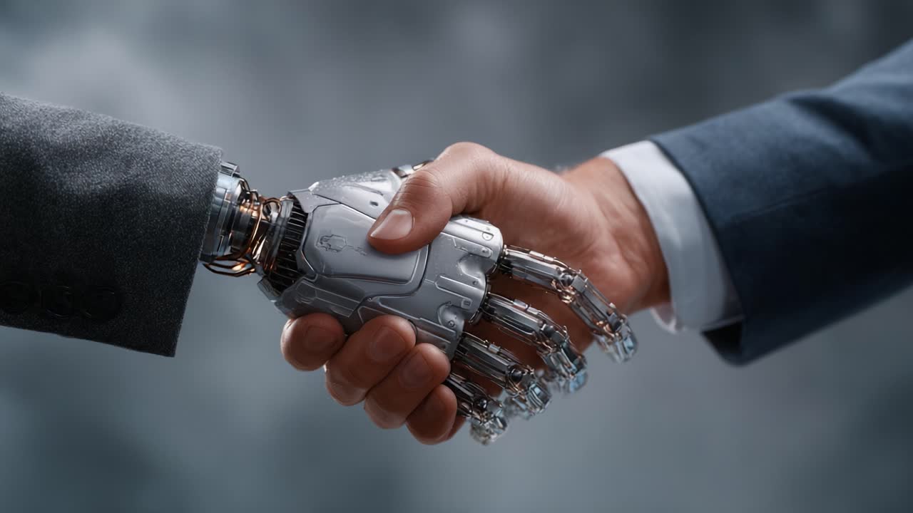 Un gesto pionieristico di cooperazione: una stretta di mano tra un umano e un robot che simboleggia l'unità tra umanità e tecnologia in un paesaggio futuristico