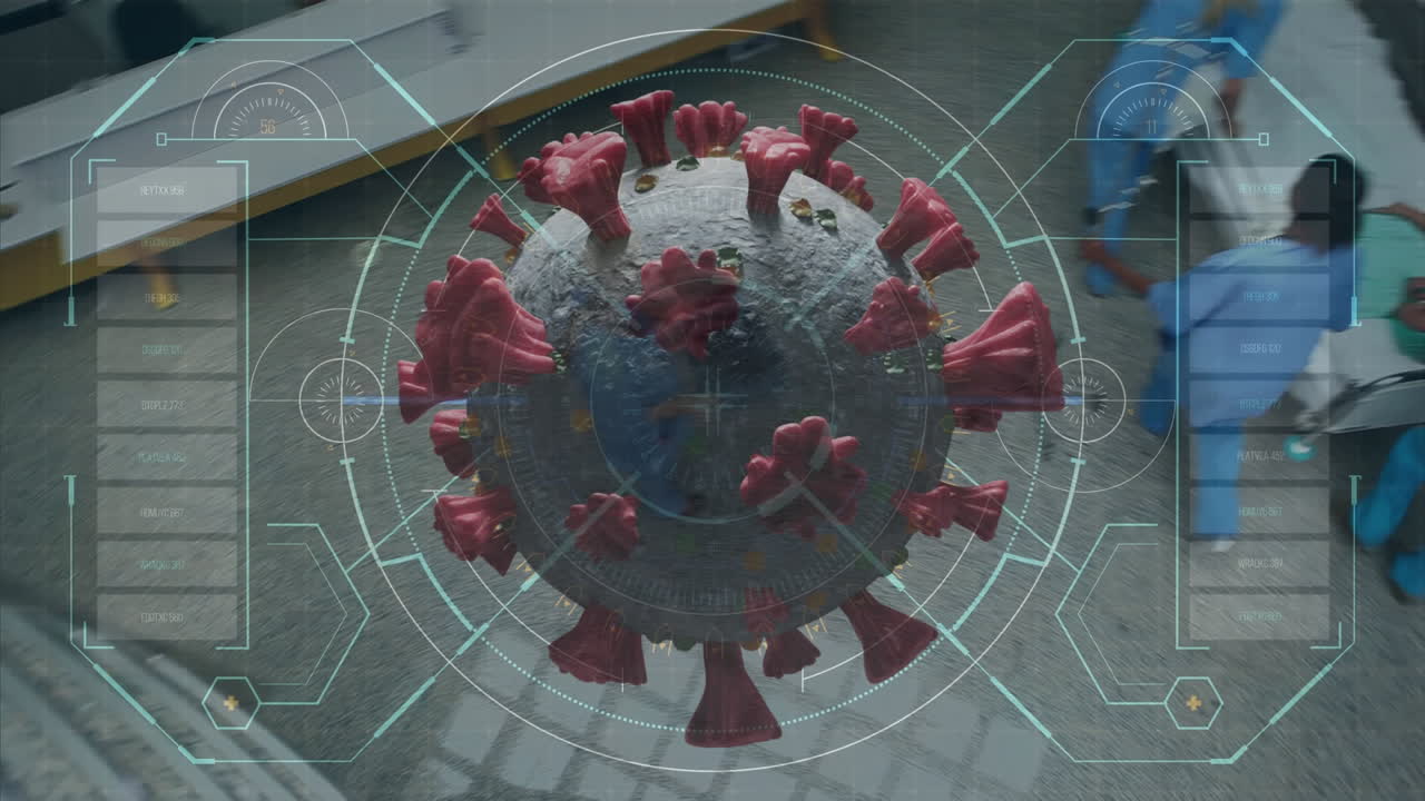 animación de la célula macro covid-19 flotando sobre los médicos que trabajan en un hospital