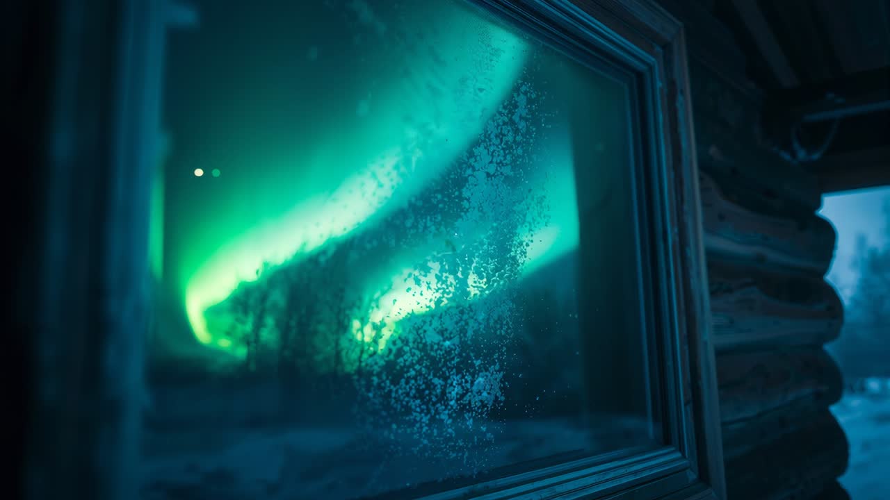 Reflecting wood window as aurora brightening over log cabin, frost speckling glass creating glow