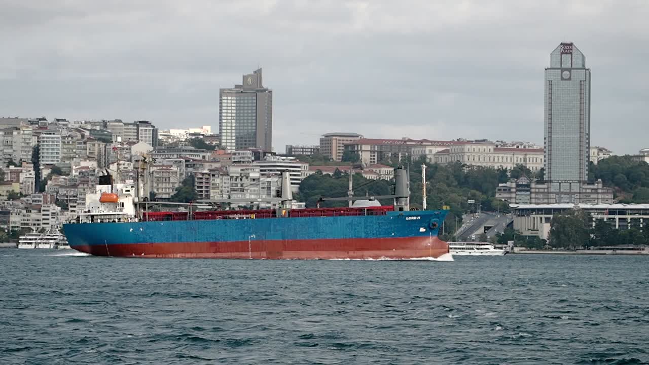 A large cargo ship sails on the water with a city skyline in the background
