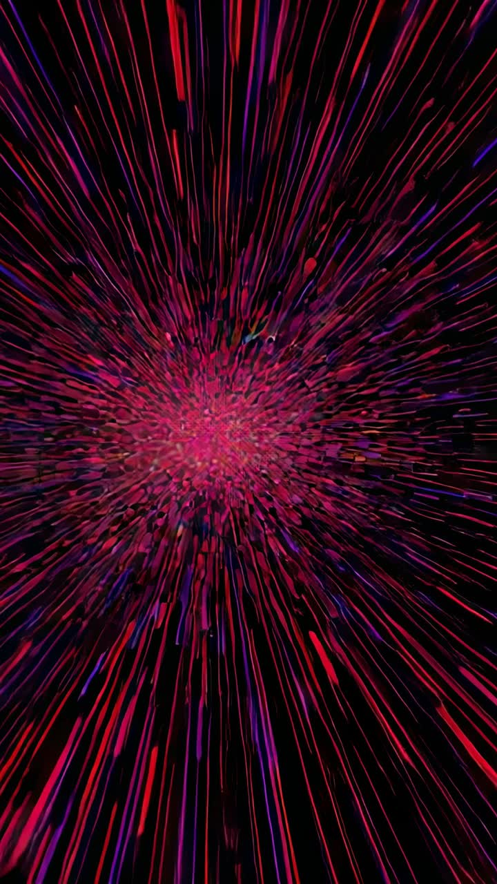 Vertical video: Starting red blue light nodes and streaks growing through void forming light tunnel