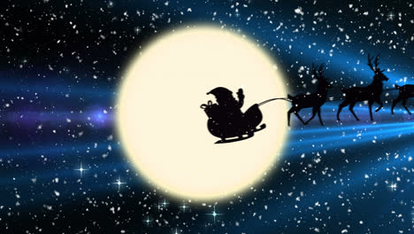 santa claus en trineo siendo tirado por renos contra estrellas brillantes una luna en el cielo nocturno