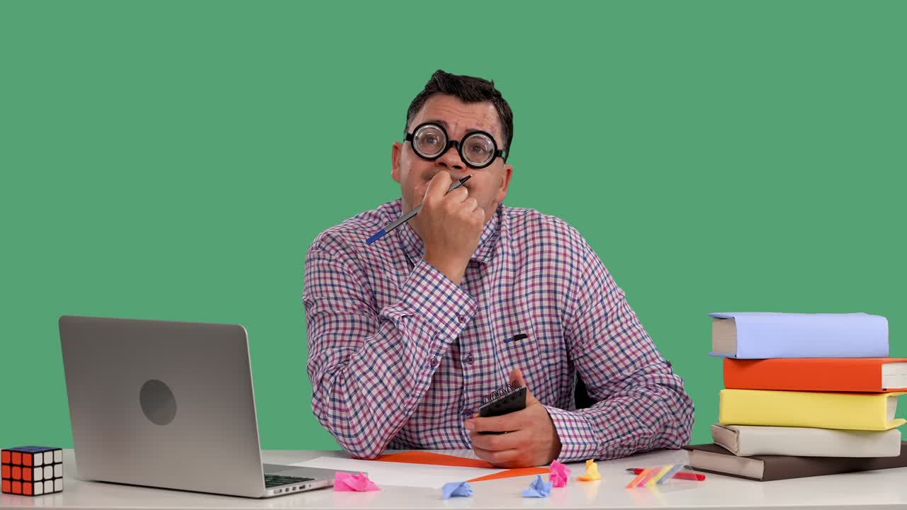A man sits at a desk in front of a laptop, thinks about something, makes notes, tears out a sheet, sticks a sheet with a painted smile on his forehead. A man on a green screen. Slow motion. Close up