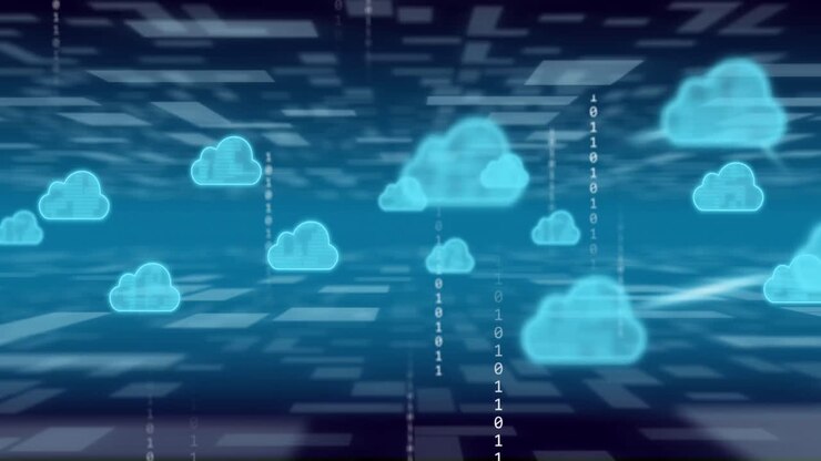 Animation of clouds icons with data processing over binary coding