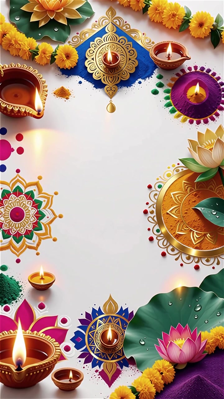Sfondo Diwali con Diyas luminosi, Rangoli e fiori di loto