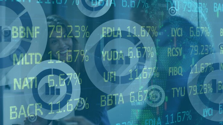 Animation of financial data processing over diverse business people in office