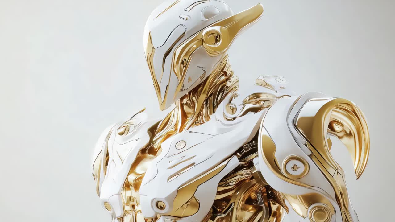 Close-up of a Gold and White Futuristic Robot