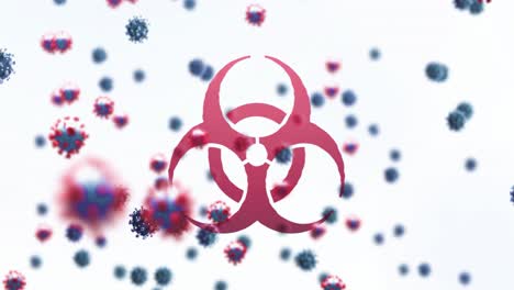 animación de un signo de virus rojo y células macro covid-19 flotando sobre un fondo blanco