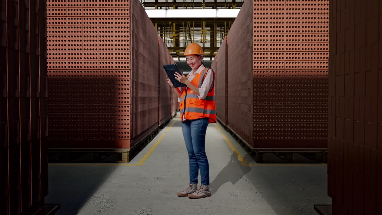 Full Body Side View Of Asian Female Engineer With Safety Helmet Working On A Tablet While Standing With Red Brick Packed in Stacks Are Stored