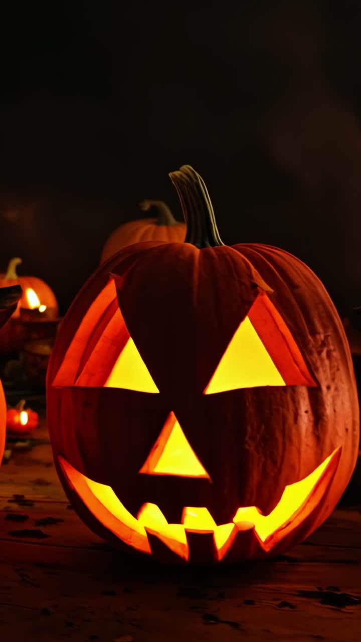 A group of pumpkins with a witch's hat on top of one of them. The pumpkins are lit up and arranged on a table Vertical video