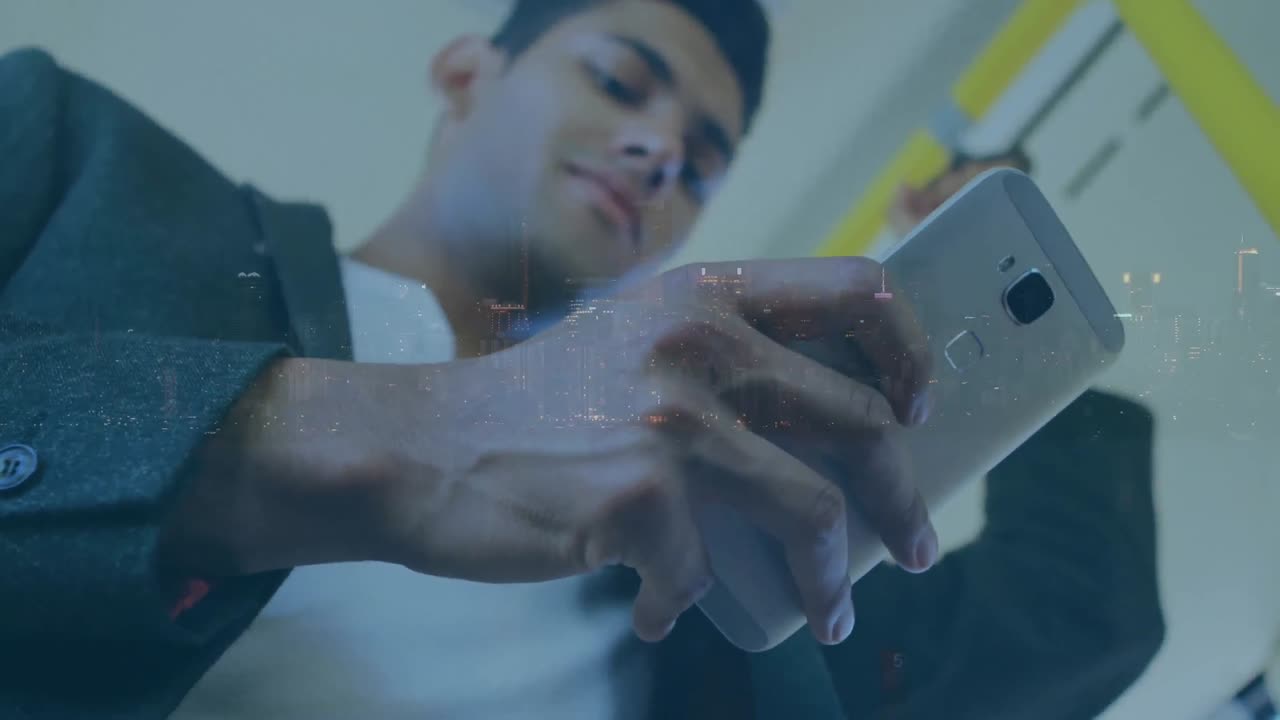 animación de un hombre usando un teléfono inteligente sobre el paisaje urbano