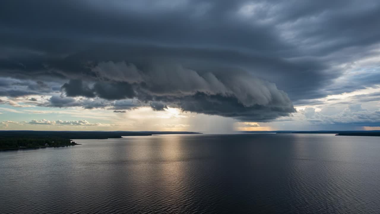 Dramatic Storm Clouds and Rain over a Lake at Sunset