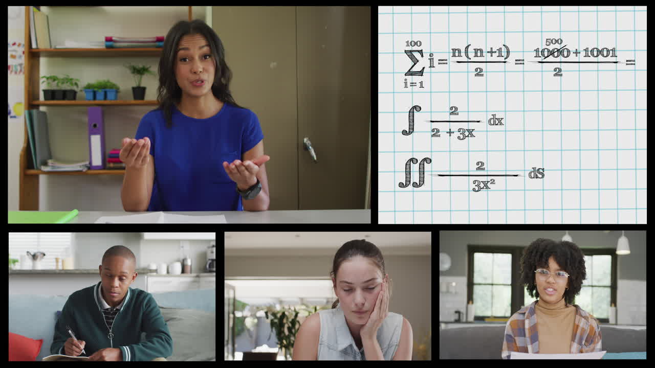pantallas con llamadas en línea de diversas maestras, estudiantes y matemáticas formales