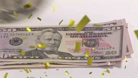 animation of confetti falling over american dollar bills being counted on white background