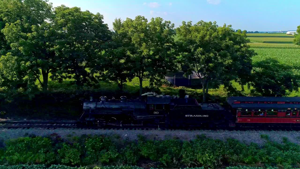 A steam locomotive travels along picturesque tracks, surrounded by vibrant greenery and expansive fields, showcasing the beauty of rural landscapes.