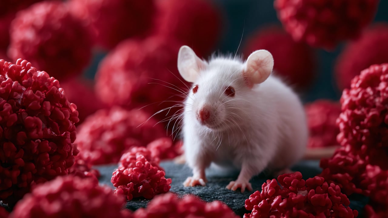 Un primo piano accattivante di un topo bianco tra vivaci strutture cellulari rosse, che mostra l'intrigante microcosmo di vita e colore della natura.