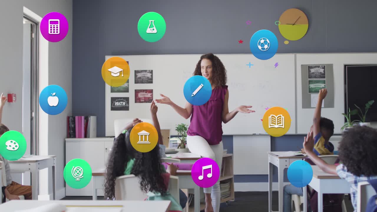 animación de iconos escolares sobre diversas maestras y alumnos levantando las manos en clase