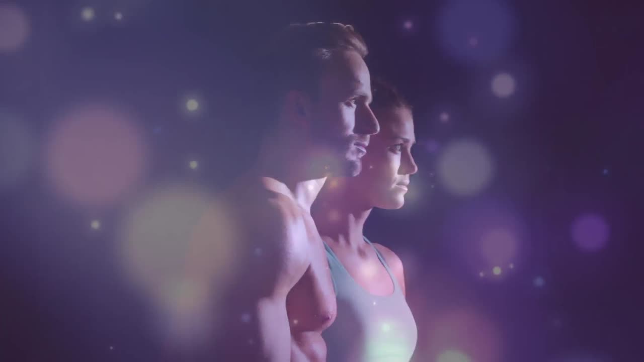 animación de luz brillante sobre hombre y mujer en forma caminando