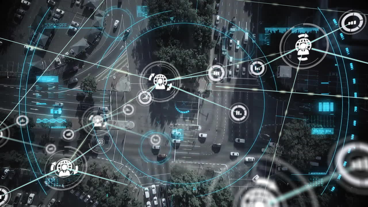 Network of connections and data processing animation over urban traffic scene