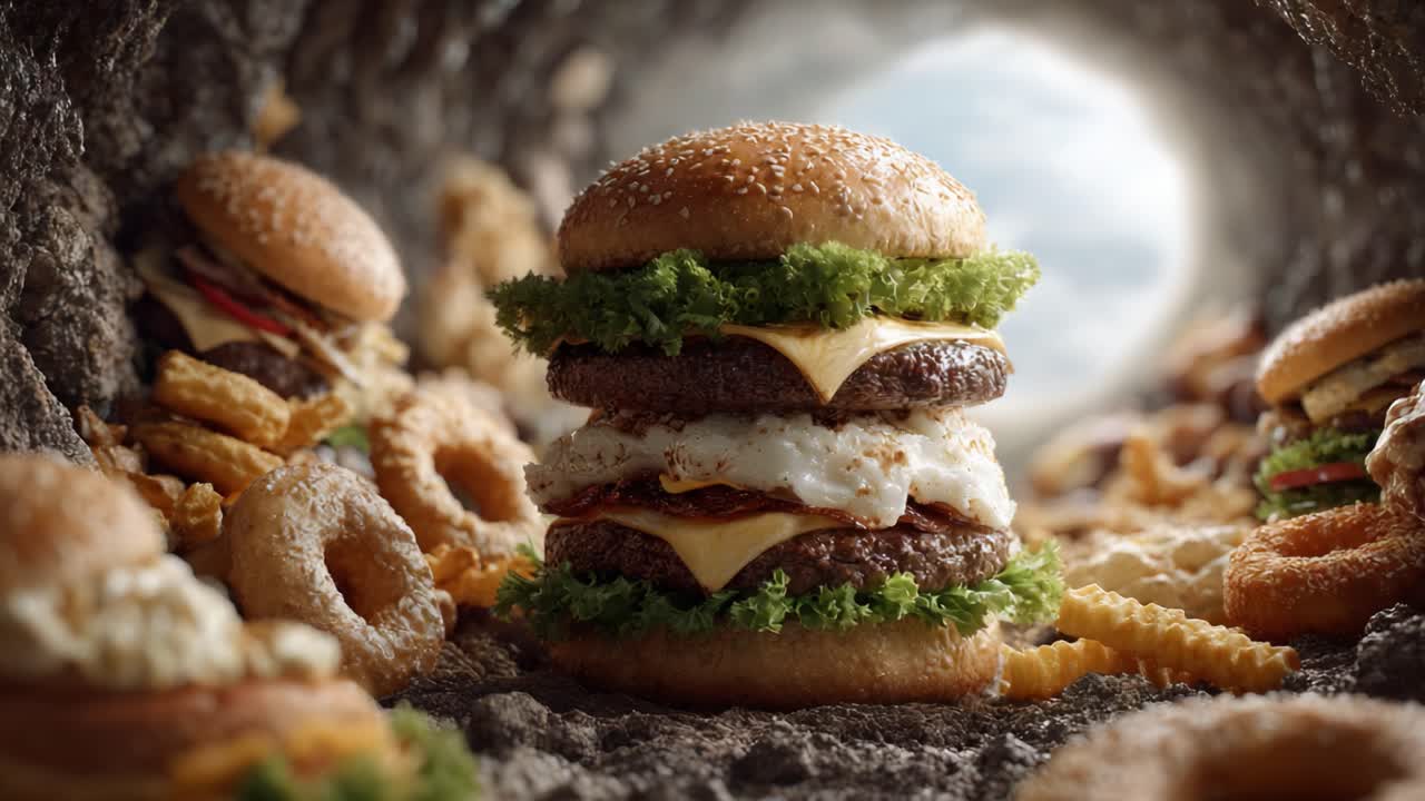 A delectable and mouthwatering scene featuring a towering cheeseburger, complemented by an array of crispy sides, set in a creatively styled environment that highlights fast-food indulgence