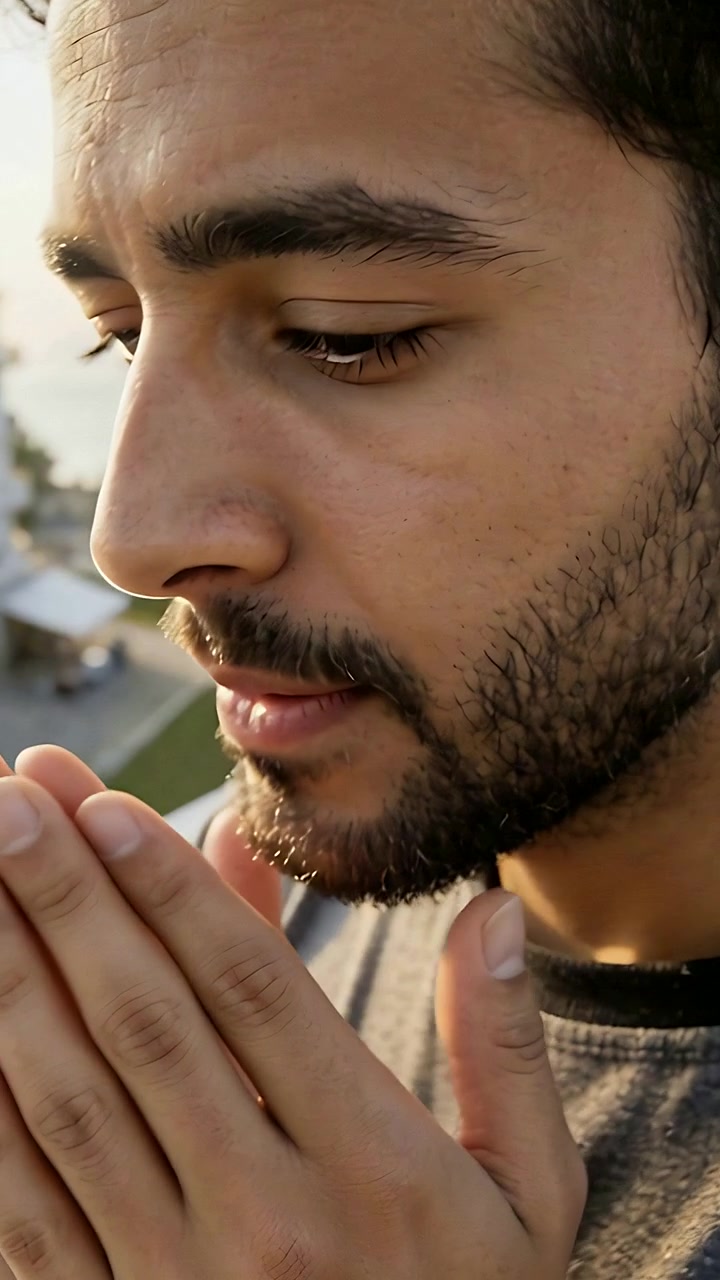 Vídeo vertical: Homem com as mãos em concha respirando nas palmas na varanda, camiseta cinza e barba por fazer visíveis.