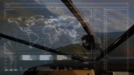 animation of global network of connections seen from aeroplane cockpit