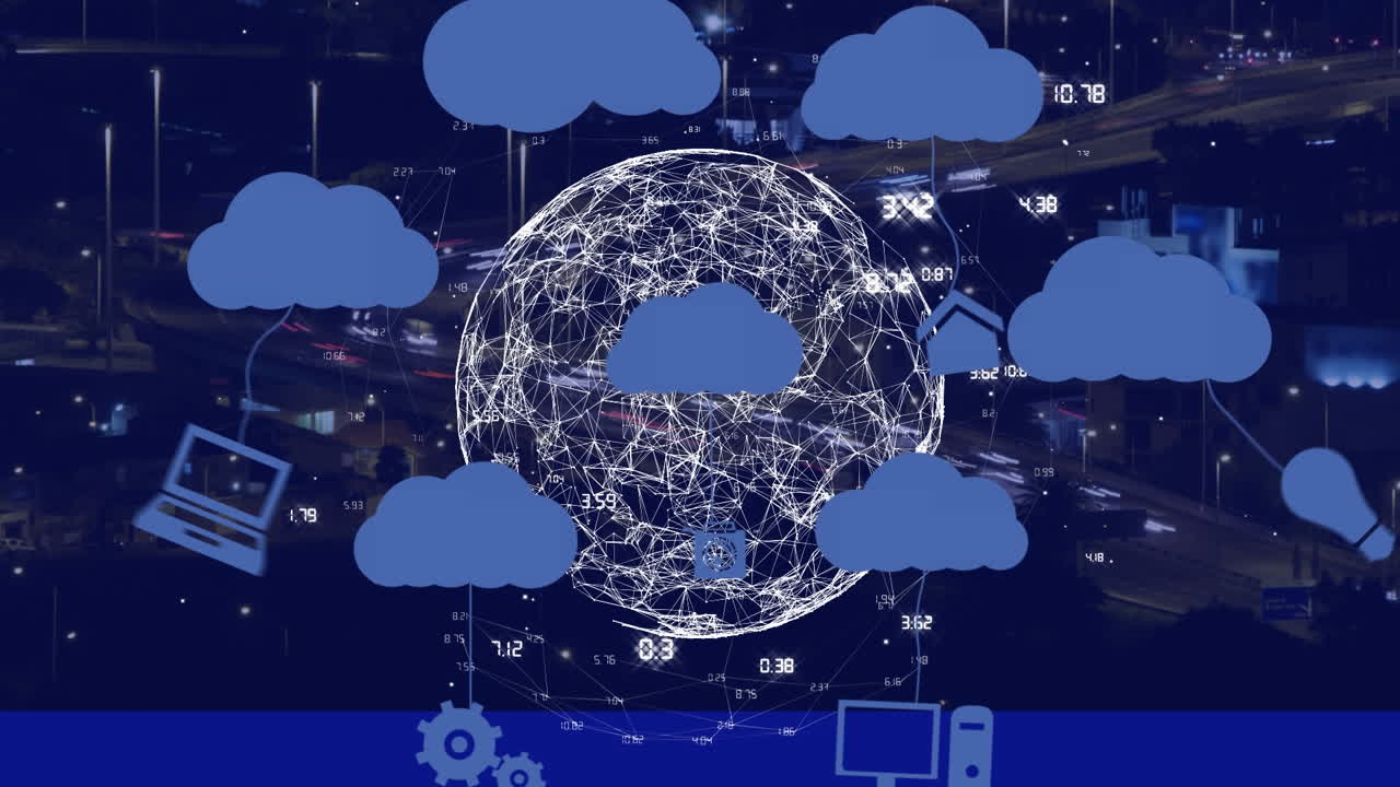 Animation of cloud digital icons with globe and network of connections