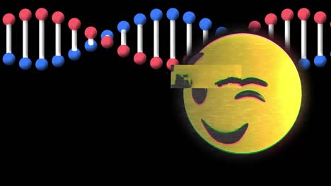 animación de un emoticono parpadeante sobre una cadena de adn sobre un fondo negro