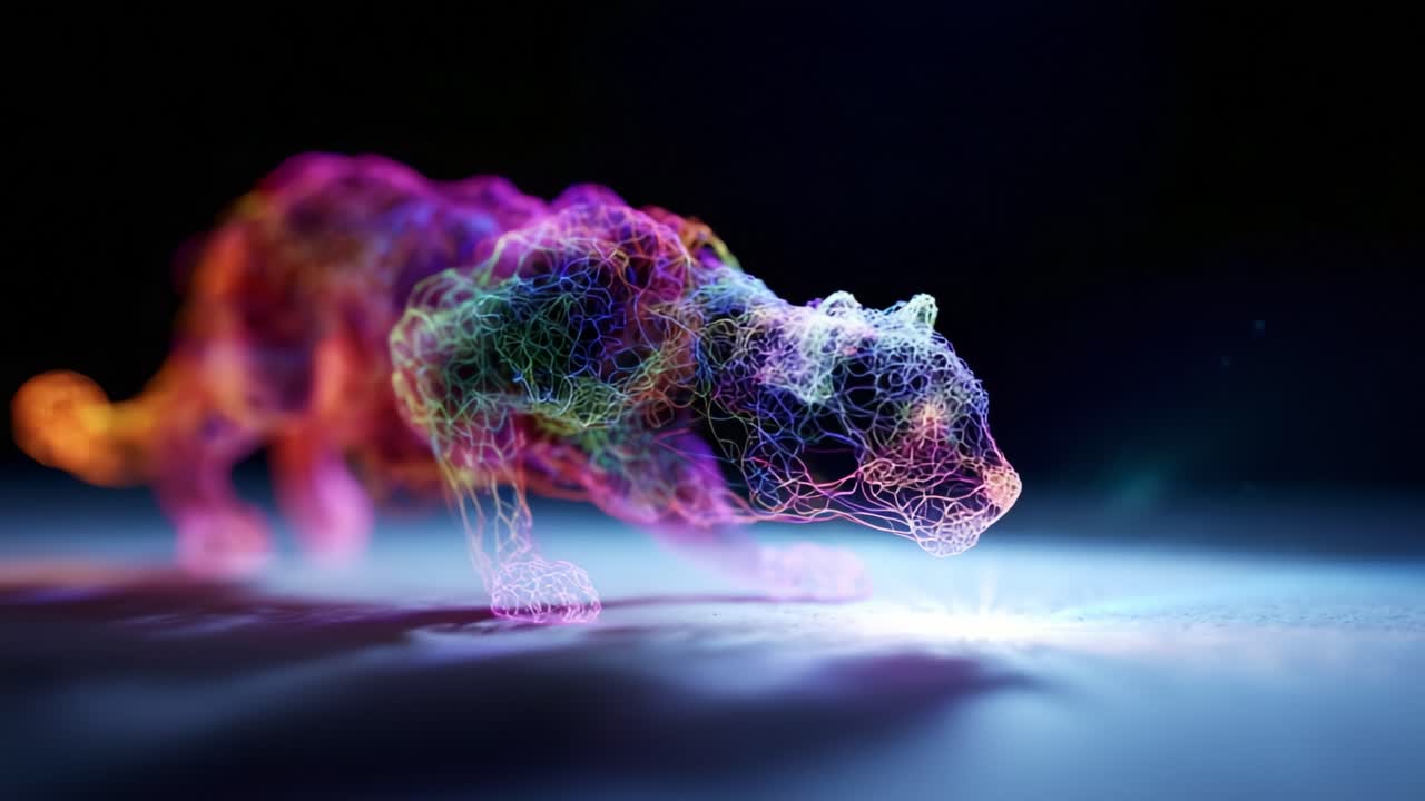 A Vibrant, Artistic Representation of a Feline Form Crafted from Colorful Light and Fluid Lines, Embodying the Essence of Movement and Energy in a Unique Digital Style
