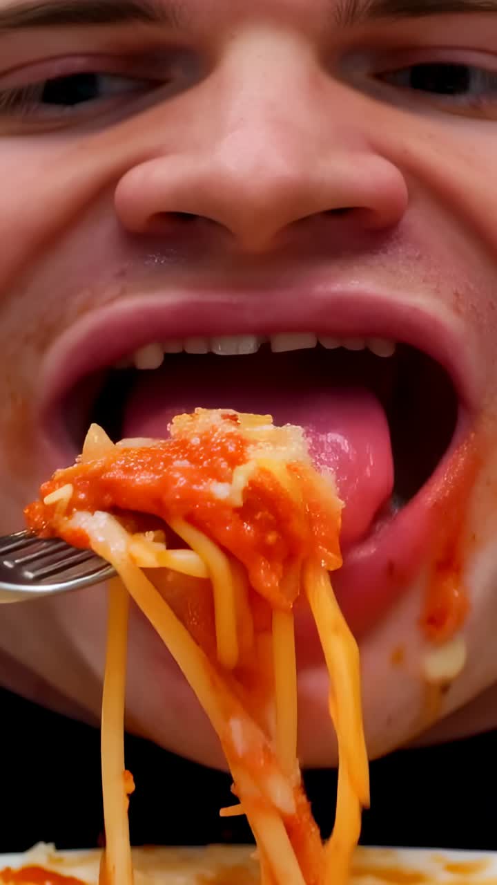 Vídeo vertical: Un hombre adulto levanta un tenedor y se lleva espaguetis con salsa a la boca en una mesa para comer.