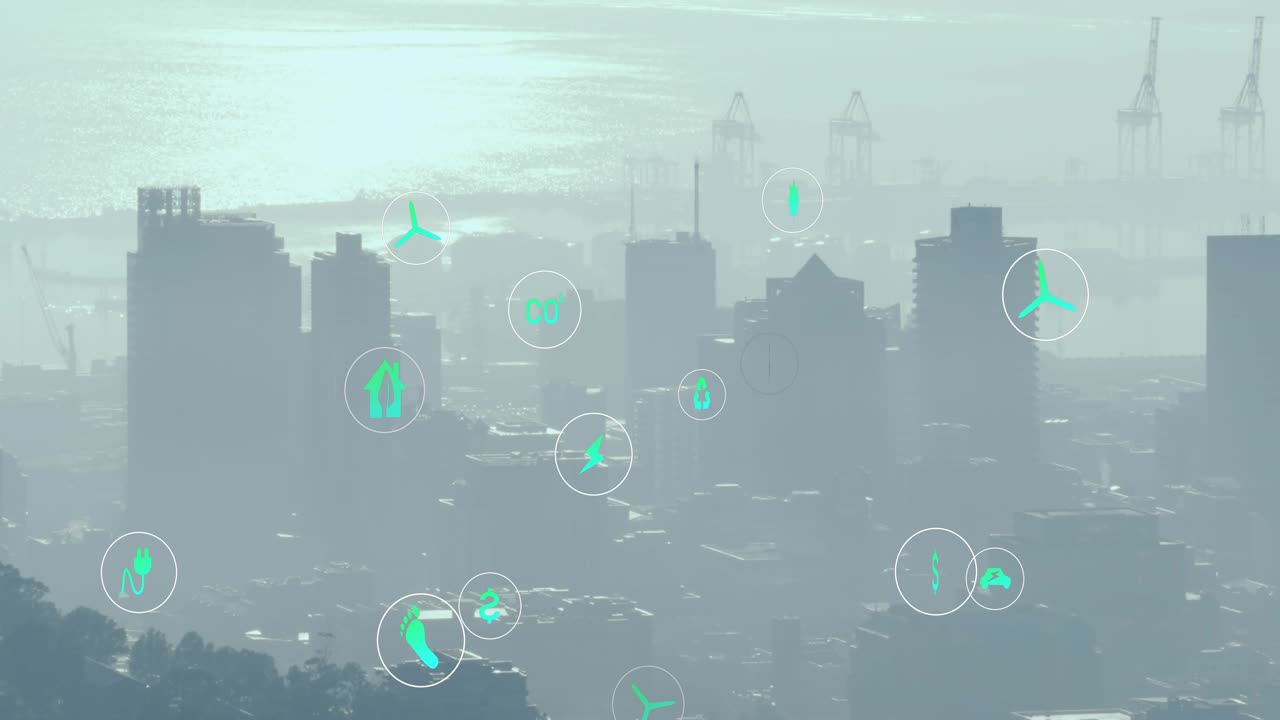 Hazy city skyline receiving teal icons spawning from sun reflection, visualizing urban energy flow
