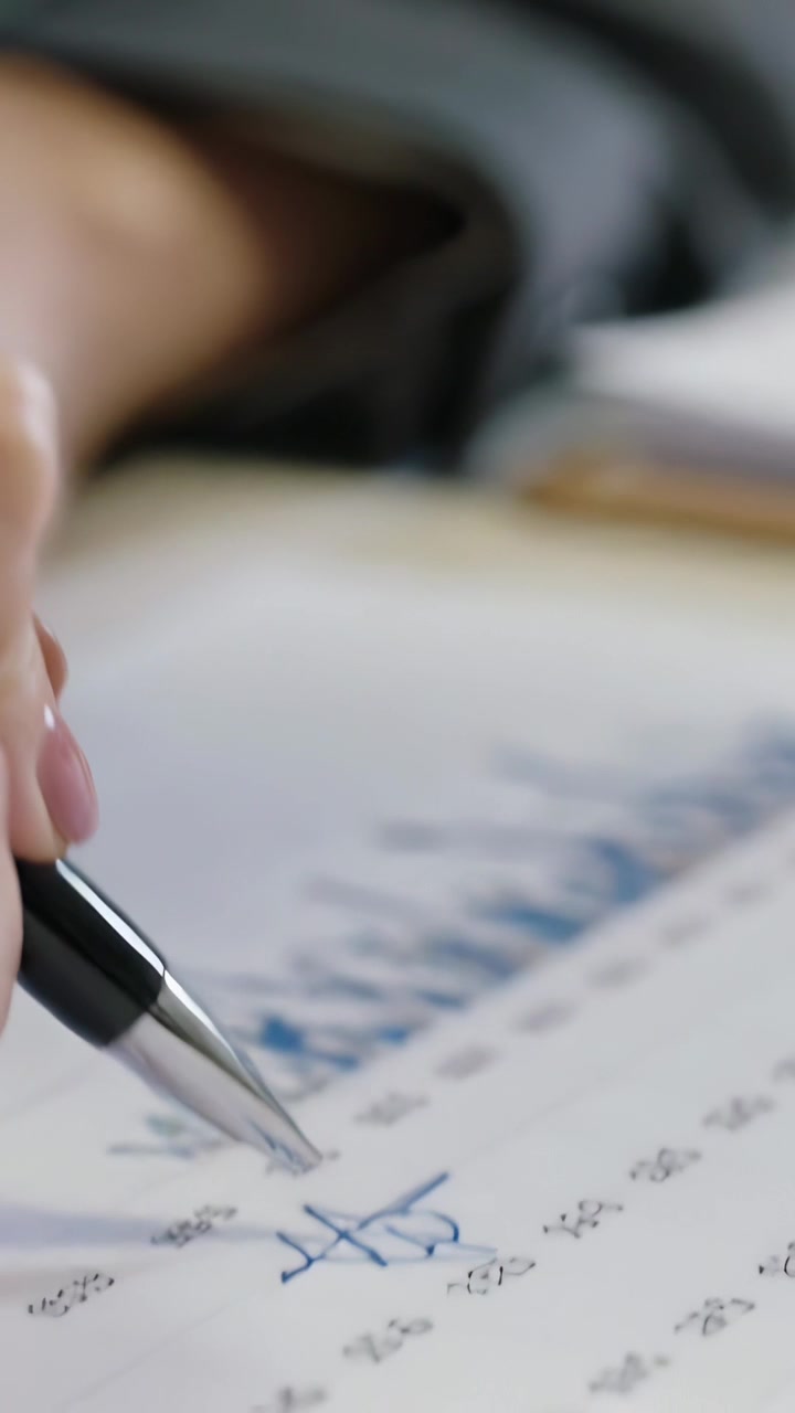 Vertical video: Camera pulling down, woman in sage top fixing numbers with pen at desk, copy space