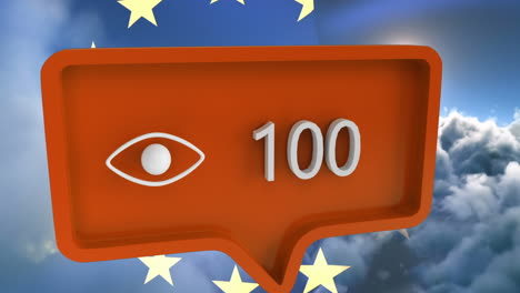 animación del icono del ojo con números en la burbuja de habla con la bandera de la unión europea